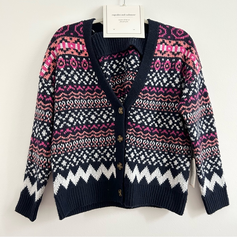 NWT Cupcakes and Cashmere Fair Isle Cardigan Sweater and Beanie Set size X-Small